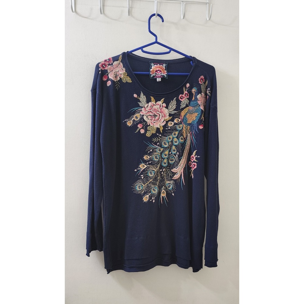 Johnny Was Navy Blue Waffle Knit Peacock Embroidered Thermal Top PM J18018